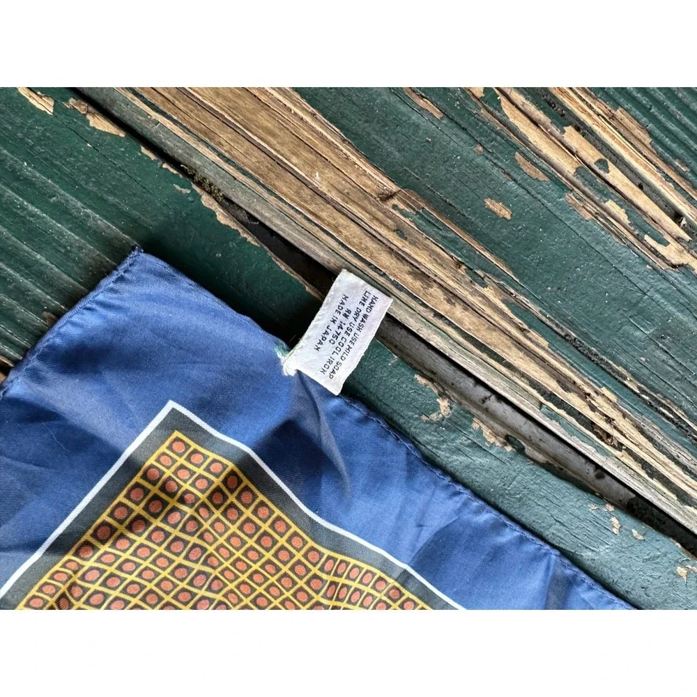 Vintage Silken‎ Polyester Geometric Square Scarf Navy Blue Gold Made in Japan